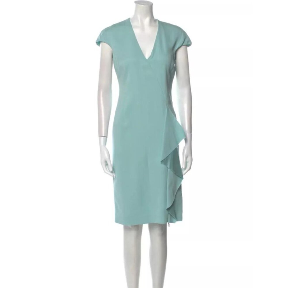 Versace V-Neck Knee-Length Dress Satin Ruffle Light Blue Sz 38, 46